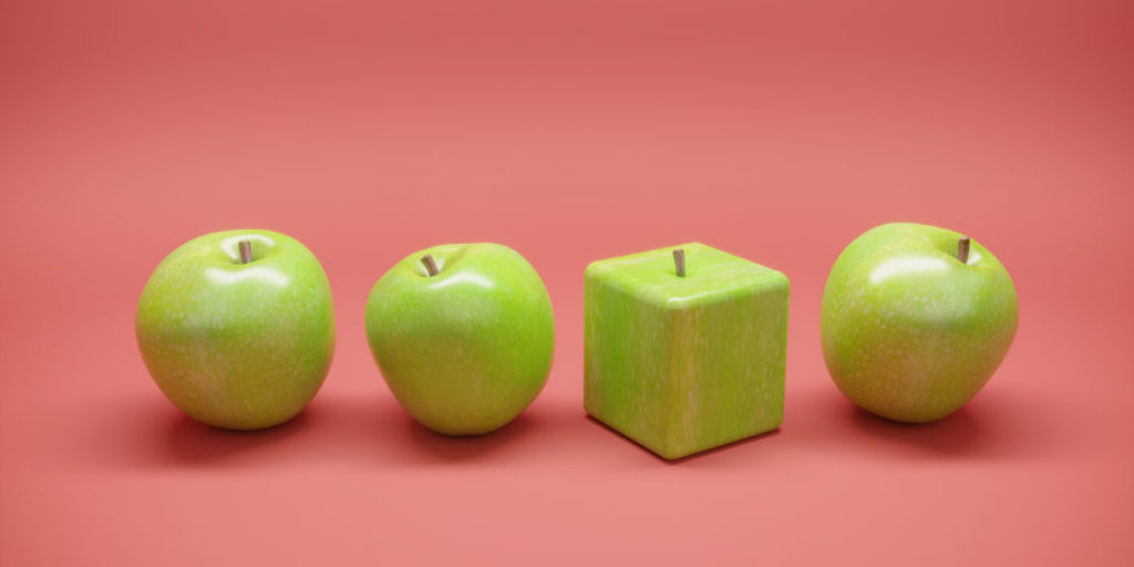 row of green apples where one is square